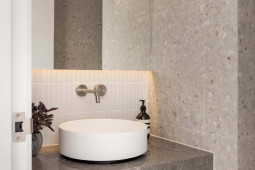 VJ0232B WHITE MATT MOSAICS AND LL0214A 600X600 TERRAZZO TILES, BATHROOM DESIGN, WALL AND FLOOR TILES